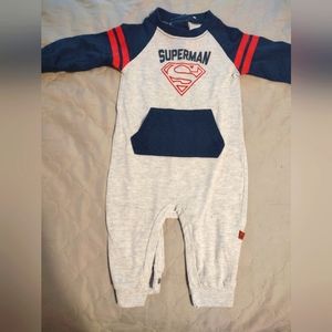 Superman long sleeve onesie, size 3-6M, white, bur, and red.